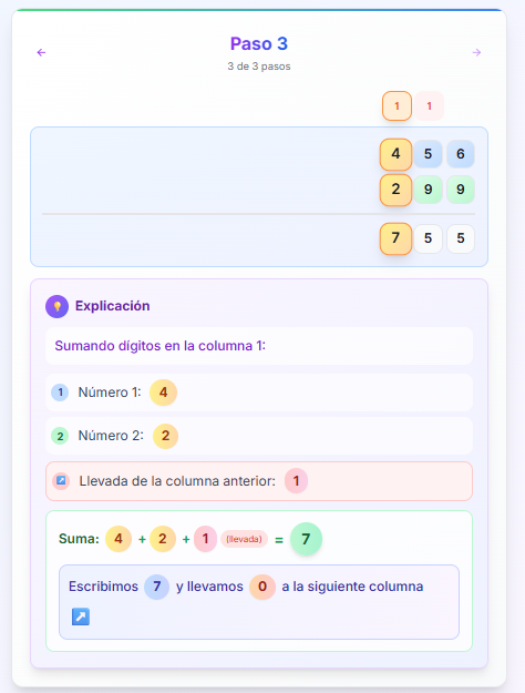 Pasos de suma explicados paso a paso en Alicia Calculadora