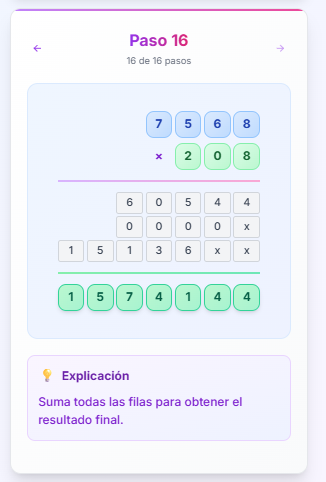 Pasos de multiplicación con explicación en Alicia Calculadora